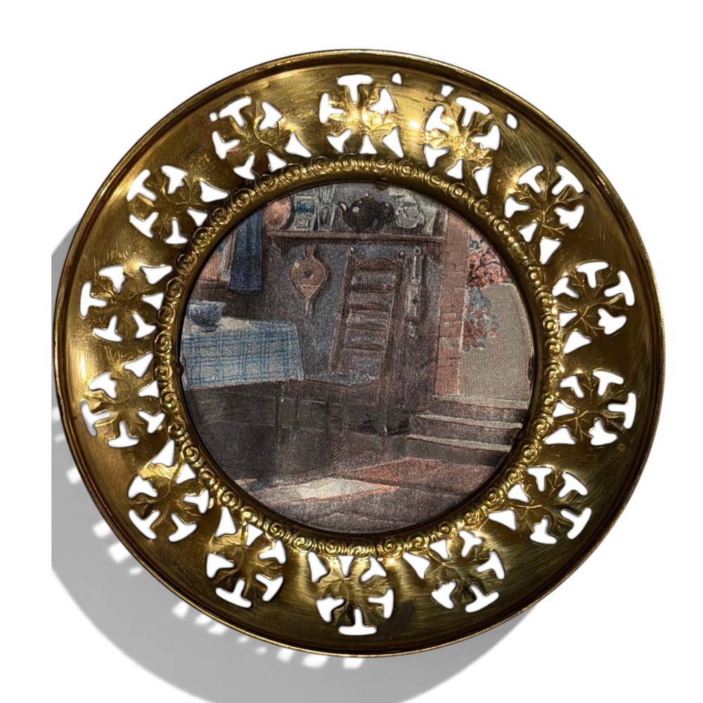 Pierced Brass Wall Plate Made in England Cottage Scene Reticulated Border